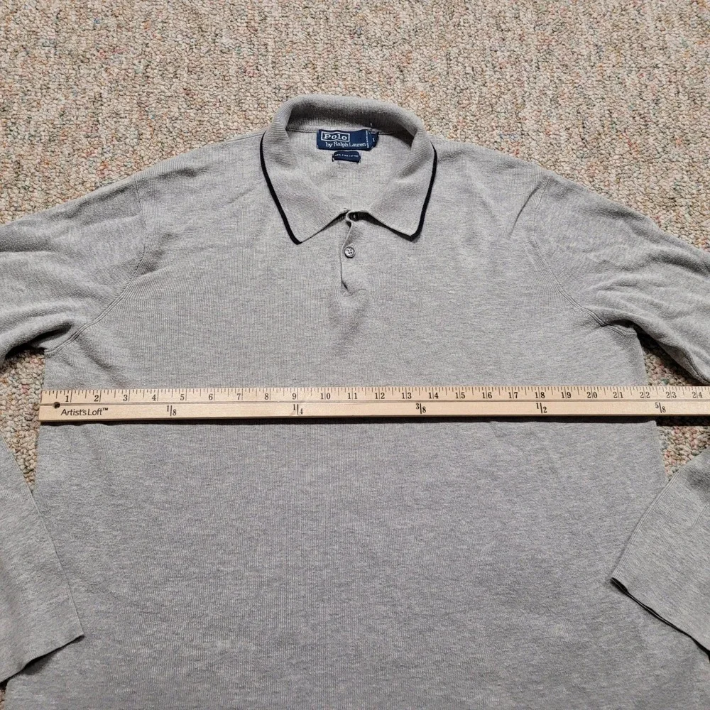Polo Ralph Lauren Knit Polo Shirt Men Large Gray Pima Cotton Long Sleeve Vintage